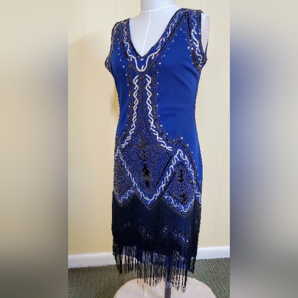 Unique Vintage royal blue sequin beaded 1920's flapper dress size M